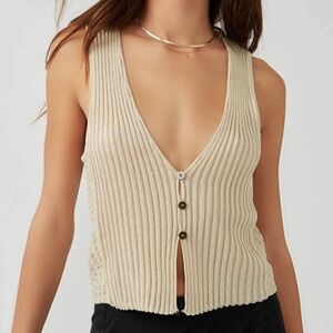 Free People Cream Ribbed Button-Front Tank Top